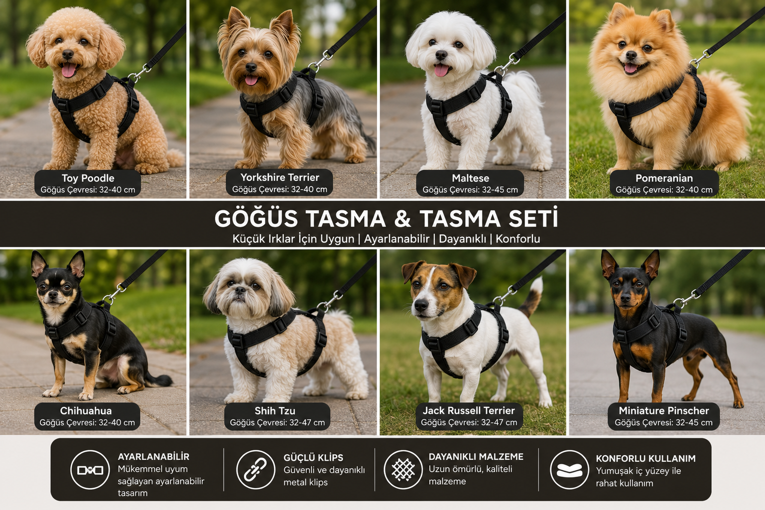 Gezdirme Kayışlı Dokuma Köpek Göğüs Tasma Seti 32*47-110 cm Siyah - Görsel 6