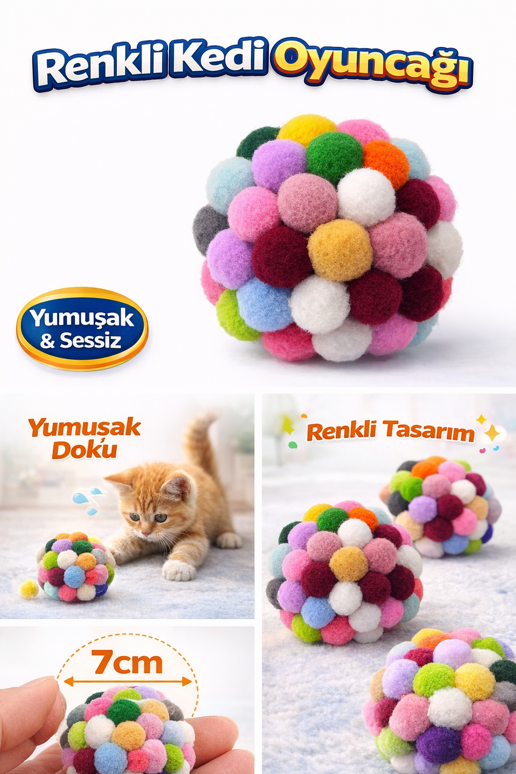 Renkli Ponpon Kedi Oyuncak Topu 7 cm ( 2 Adet ) – Yumuşak Sessiz Kedi Oyun Topu - Görsel 2