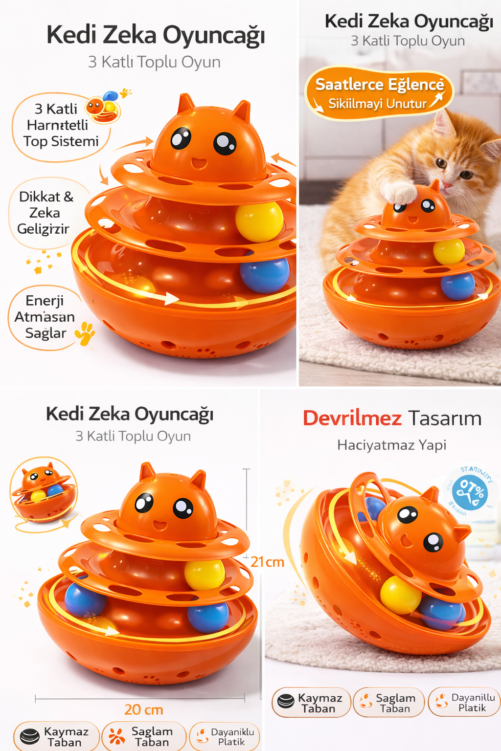 Hacıyatmaz Kedi Oyuncağı 3 Katlı Toplu Zeka Oyuncağı 20x21 cm – Devrilmez Interaktif Oyuncağı - Görsel 2