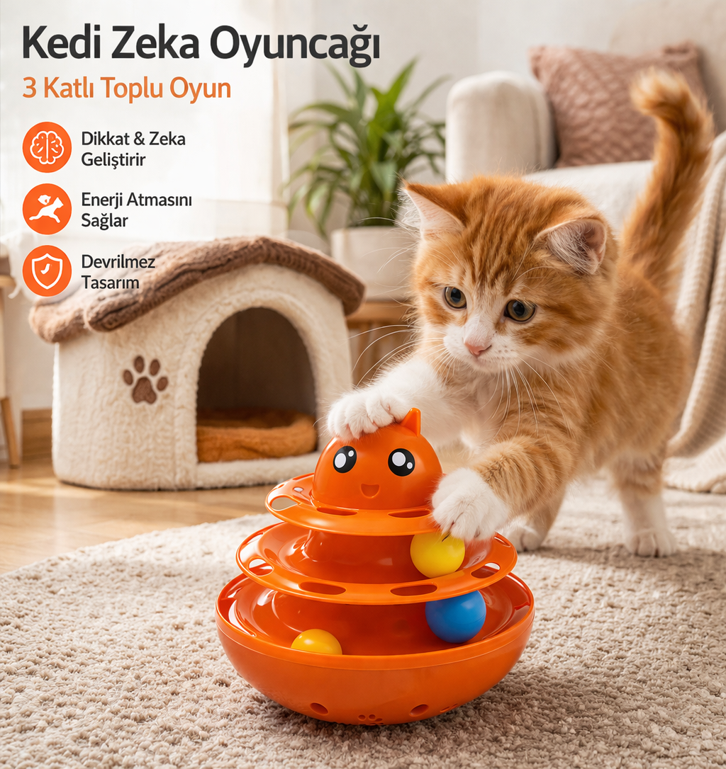 Hacıyatmaz Kedi Oyuncağı 3 Katlı Toplu Zeka Oyuncağı 20x21 cm – Devrilmez Interaktif Oyuncağı - Görsel 3