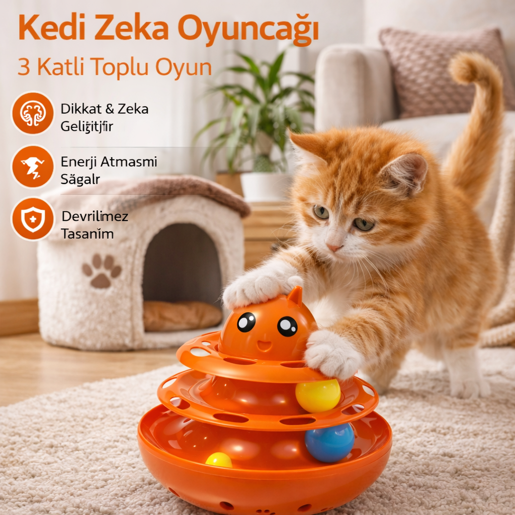 Hacıyatmaz Kedi Oyuncağı 3 Katlı Toplu Zeka Oyuncağı 20x21 cm – Devrilmez Interaktif Oyuncağı - Görsel 5