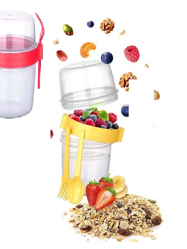 Çift Hazneli - Çatal Kaşıklı Portatif Müsli -Atıştırmalık Kabı 1100 ML