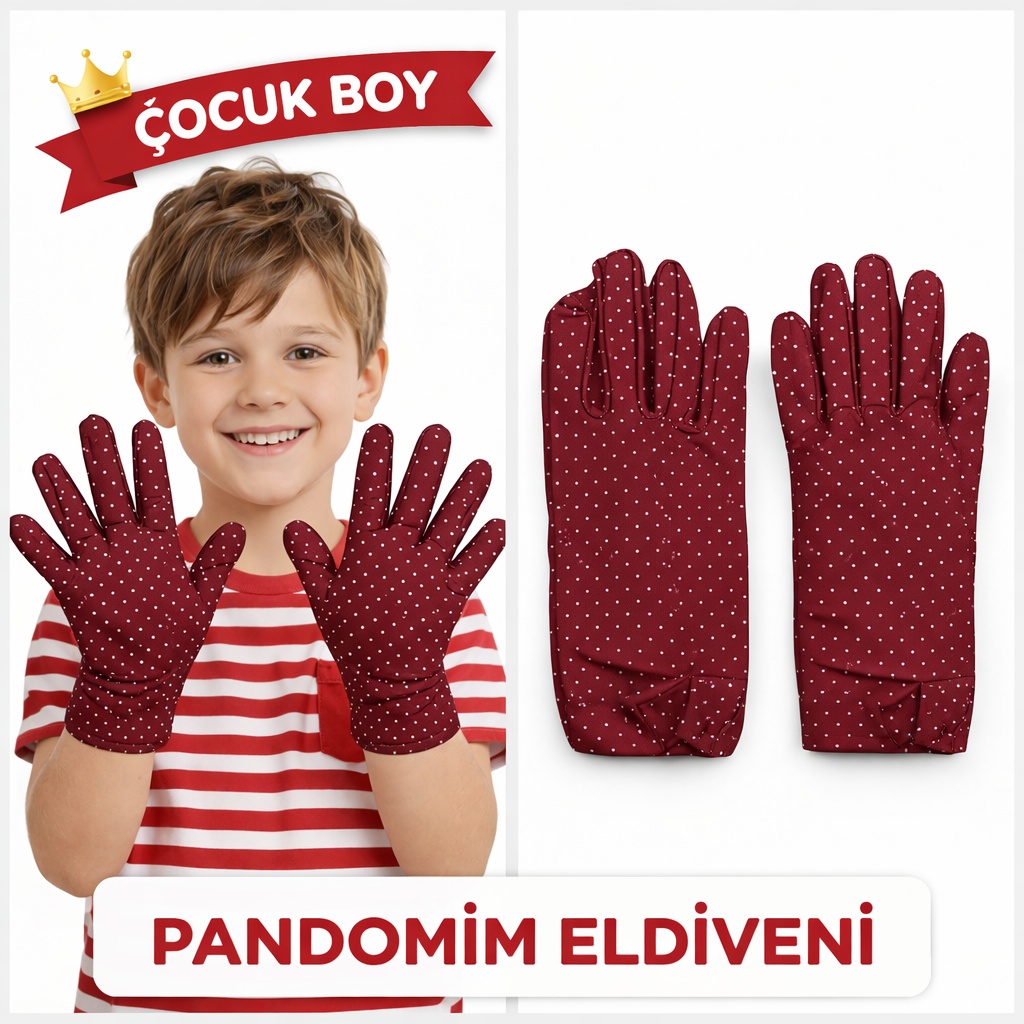Çuk Boy Pomim Eldiveni Beyaz Puantiyeli Bordo Renk Gösteri Eldiveni 23 Nisan 19 Mayıs