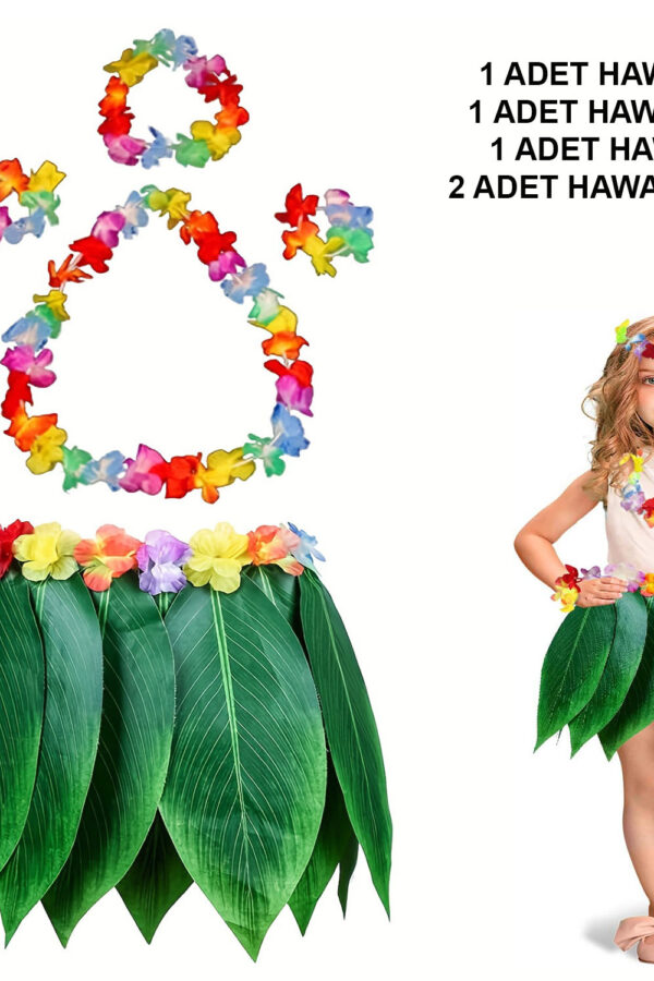 Çuk Hawaii Kostüm Seti - Yaprak Etek & Hawaii Set - 5 Parça