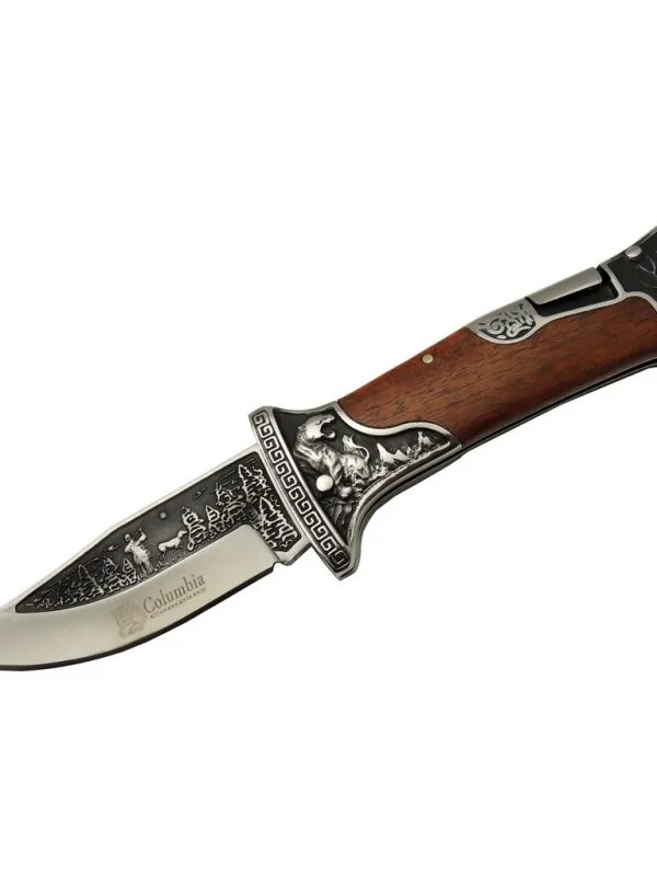 A3188-2 Geyik Desenli Outdoor Çakı 23 cm - İşlemeli Ahşap Saplı, Perçinli, Deri Kılıflı