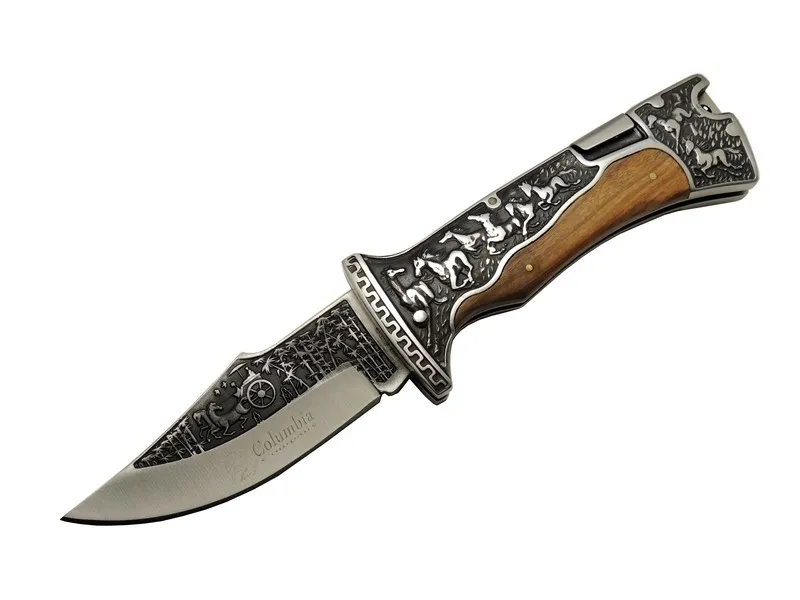 A3189C Kamp Çakısı 23cm- Manuel, At İşlemeli Ahşap Sap, Özel Kutulu, Kılıflı