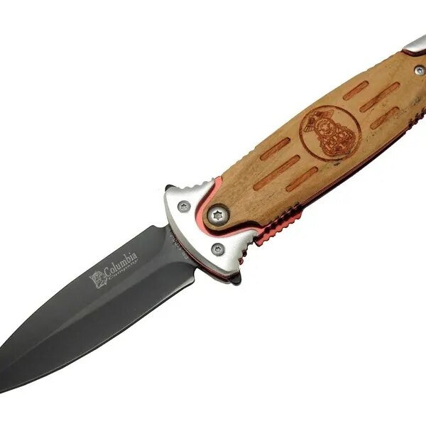 FS 11031 rengi Kamp Çakı 20cm- Police İşlemeli, Ahşap Sap, Kemerlikli, Cam Kırma Aparatlı