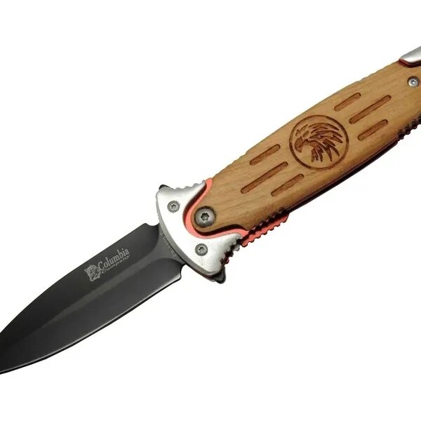 FS 11032 rengi Kurtarma / Kamp Çakısı 20cm - Kartal İşlemeli Ahşap Sap, Kemerlikli, Cam Kırma Aparatlı