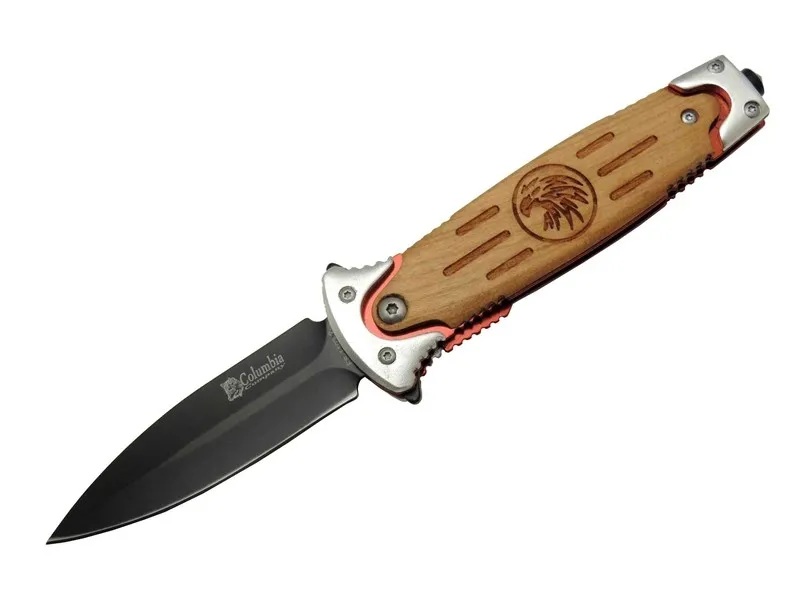 FS 11032 rengi Kurtarma / Kamp Çakısı 20cm - Kartal İşlemeli Ahşap Sap, Kemerlikli, Cam Kırma Aparatlı