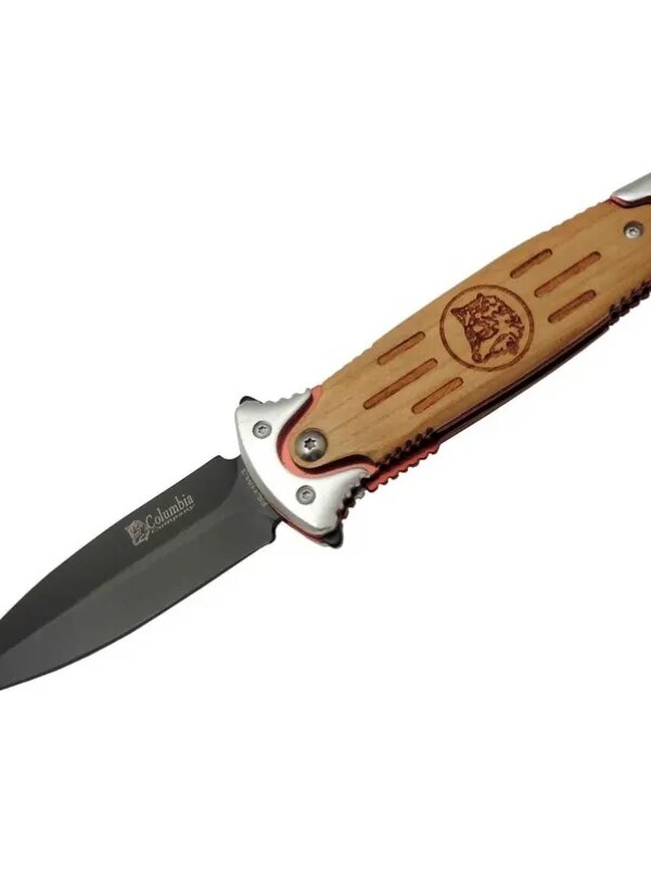 FS 11033 rengi Kurtarma / Kamp Çakısı 20cm - Yarı Otomatik, Kurt İşlemeli Ahşap Sap, Kemerlikli