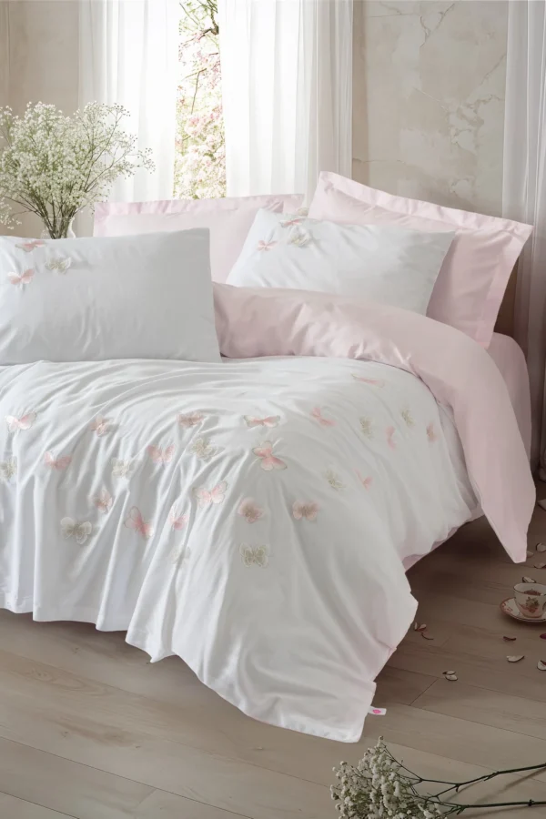 3D Nakışlı Çift Kişilik Saten Nev Takımı Charming Pudra