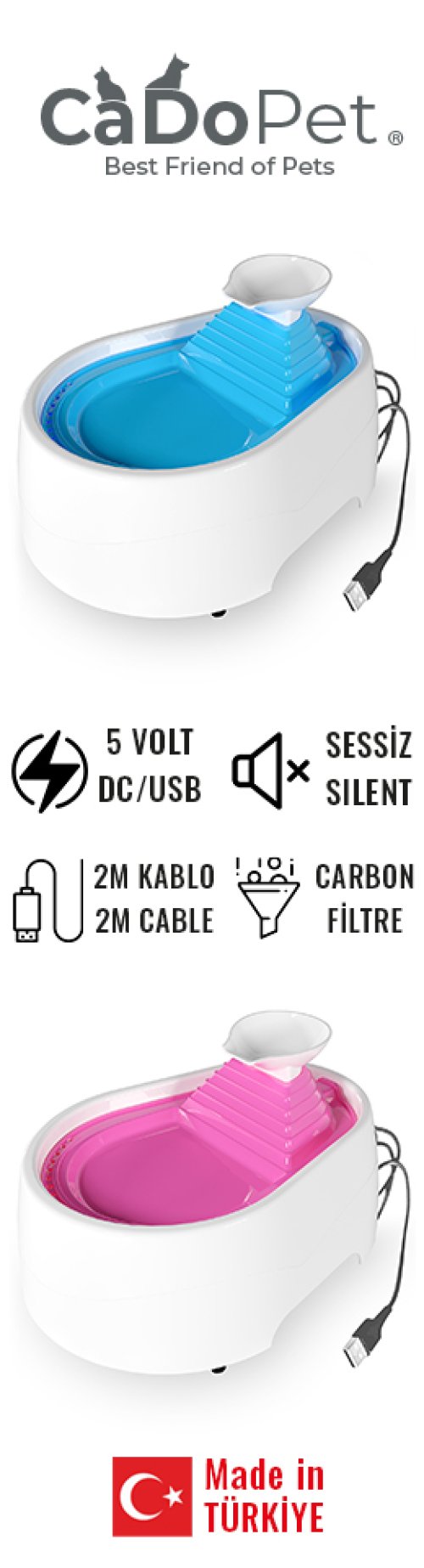 Kedi Köpek Su Pınarı Şe 2 Litre - 5 volt ( usb'li ) Pembe - Görsel 2