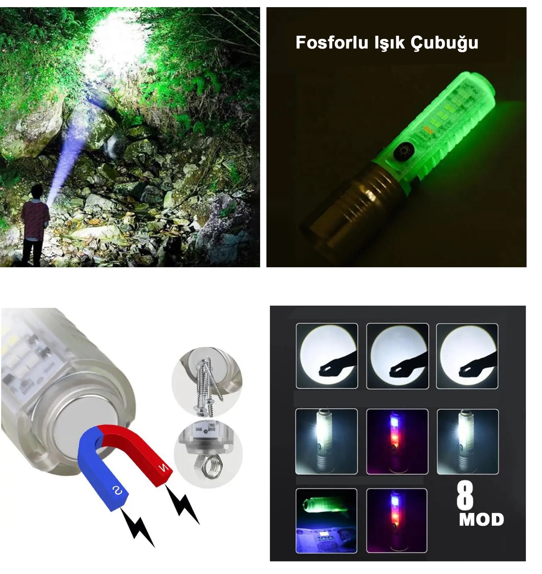8 Mod Şarjlı Fosforlu Mıknatıslı Led