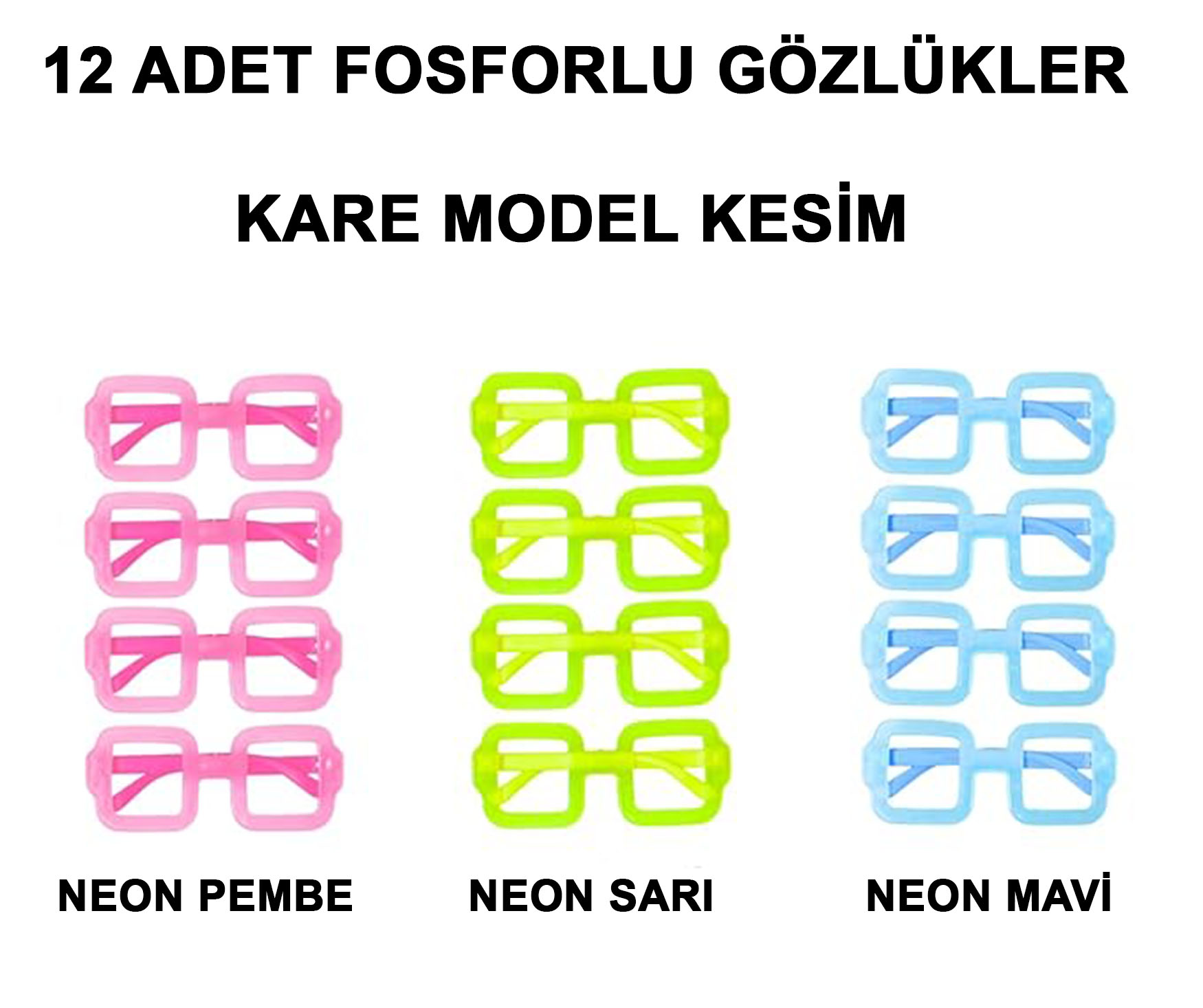 Fosforlu Kare Model Glow Parti Gözlüğü Karanlıkta Yanan Gözlükler 12 Adet - Görsel 2