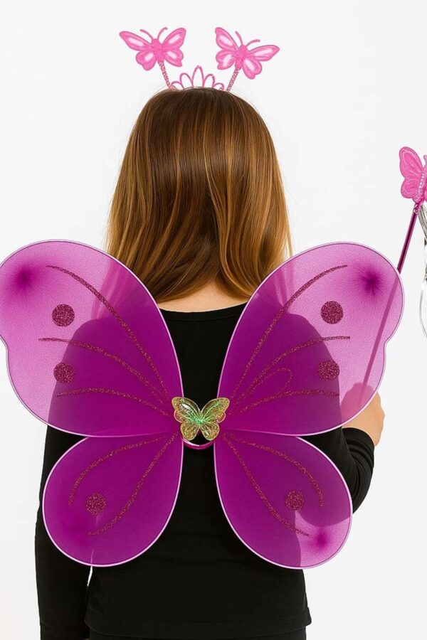 Fuşya Kelebek Kız Seti – 50 cm Kelebek Kanadı, Taç ve Asa