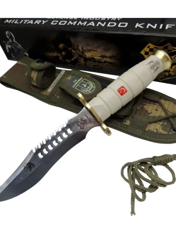Halmak Beyaz Kurt Tırtıklı Oluklu Komo Bıçağı 30 cm - Kamuflaj Kılıflı