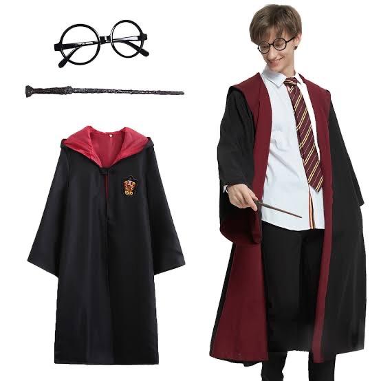Harry Potter Gryffindor Kapişonlu Çuk Kostüm + Asa + Gözlük Seti 7-8 Yaş