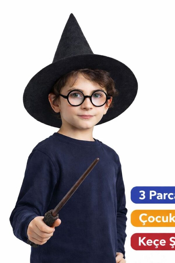Harry Potter Tarzı Çuk Seti (Siyah Keçe , Asa, Gözlük)