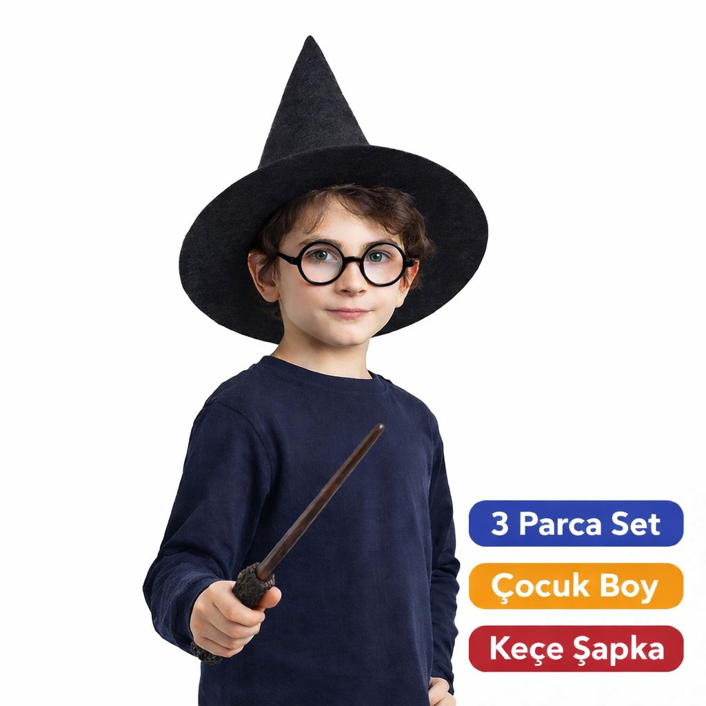 Harry Potter Tarzı Çuk Seti (Siyah Keçe , Asa, Gözlük)