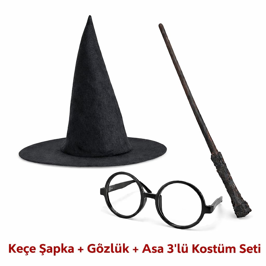 Harry Potter Tarzı Çuk Seti (Siyah Keçe , Asa, Gözlük) - Görsel 2