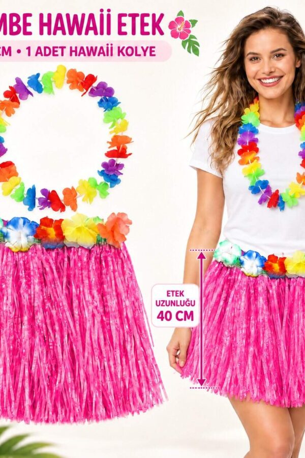 Hawaii Luau ha Pembe Püsküllü 40 cm Etek ve Hawaii Kolye Seti