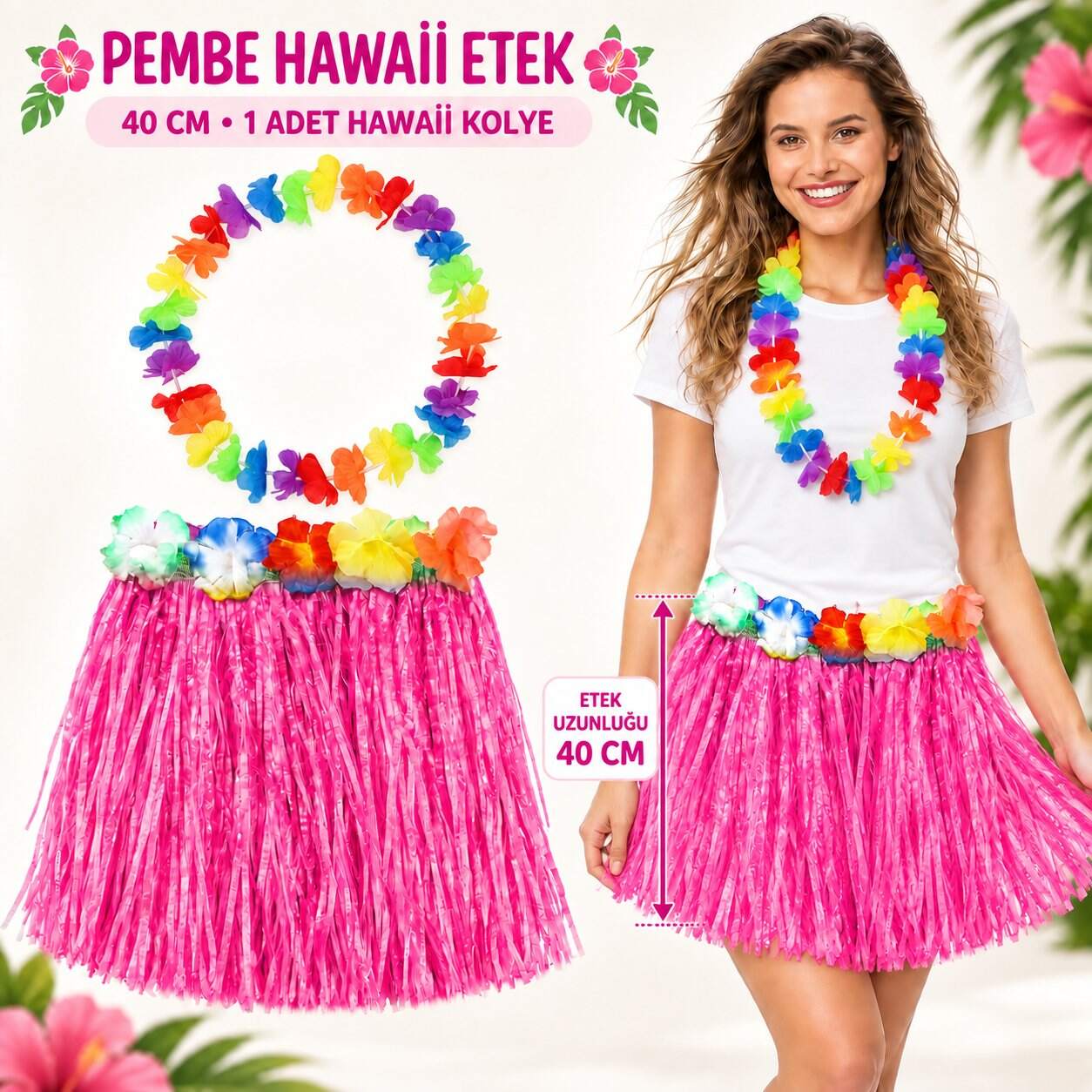 Hawaii Luau ha Pembe Püsküllü 40 cm Etek ve Hawaii Kolye Seti