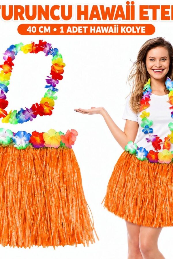 Hawaii Luau ha Tcu Püsküllü 40 cm Etek ve Hawaii Kolye Seti