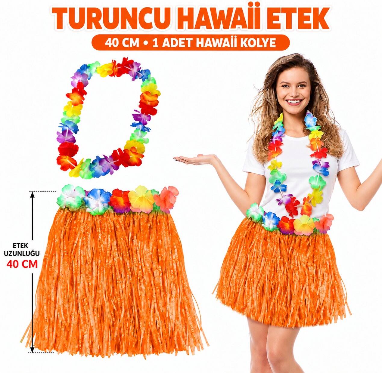 Hawaii Luau ha Tcu Püsküllü 40 cm Etek ve Hawaii Kolye Seti