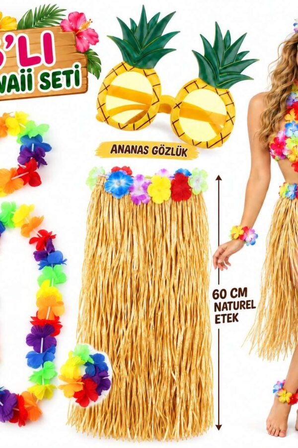 Hawaii Parti Kostüm Seti - 60 cm Hasır Etek, Çiçekli Aksesuarlar ve Ananas Gözlük