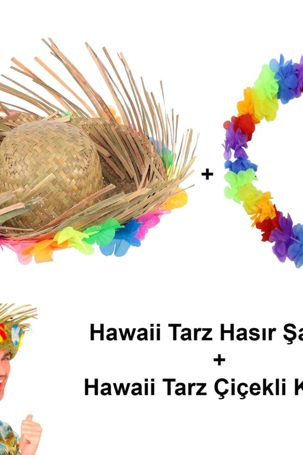 Hawaii Tarzı Tropikal Çiçekli Hasır  ve Çiçekli Hawaii Kolye