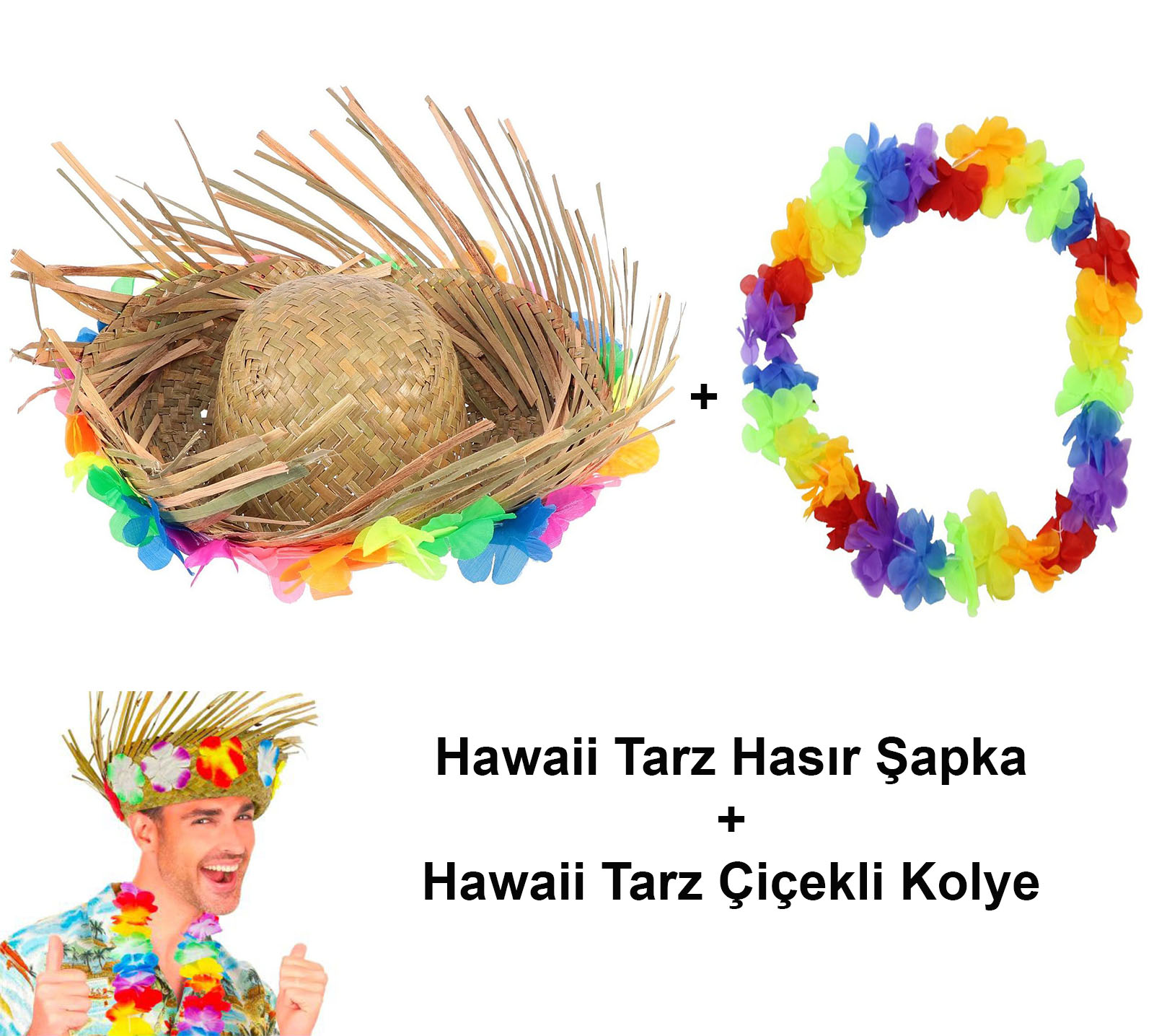 Hawaii Tarzı Tropikal Çiçekli Hasır ve Çiçekli Hawaii Kolye