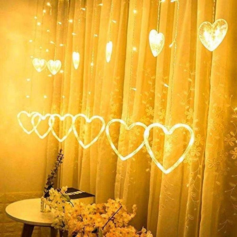 3 Metre 8 Modlu Kalp Perde LED Işık - Sarı (Sıcak Beyaz) Işık Dekoratif Işıklırma Oda Dekoru - Görsel 2
