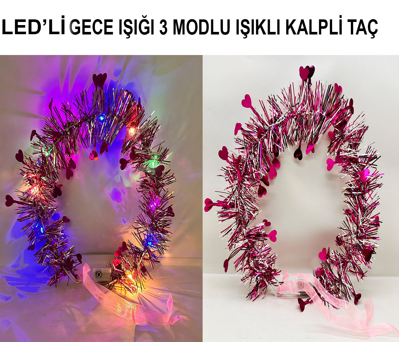 Kalp Püsküllü Gece Parıltısı 3 Modlu LED'li Işıklı Taç Fuşya Renk - Görsel 3