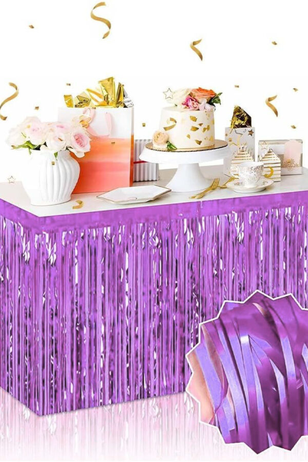Kendinden Yapışkanlı Mor Metalize Püsküllü Masa Eteği – 75 x 275 cm Parti Süslemesi