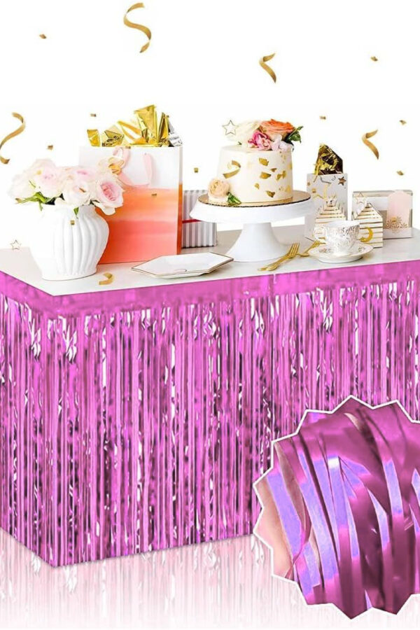 Kendinden Yapışkanlı Pembe Metalize Püsküllü Masa Eteği – 75 x 275 cm Parti Süslemesi