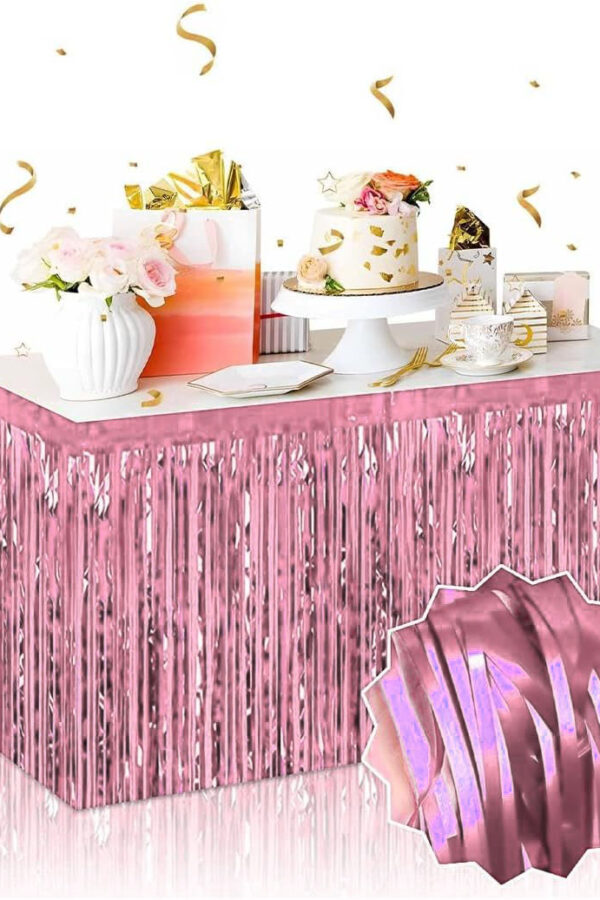 Kendinden Yapışkanlı Rose Gold Metalize Püsküllü Masa Eteği – 75 x 275 cm Parti Süslemesi