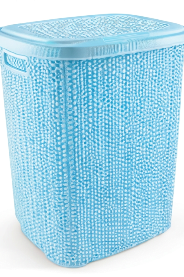 Kirli Çamaşır Sepeti Kapaklı 65 LT Örgü Desenli Plastik Çamaşır Sepeti Banyo Sepeti - Mi