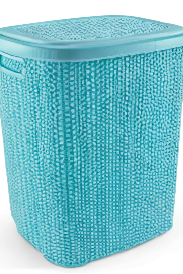 Kirli Çamaşır Sepeti Kapaklı 65 LT Örgü Desenli Plastik Çamaşır Sepeti Banyo Sepeti - Turkuaz