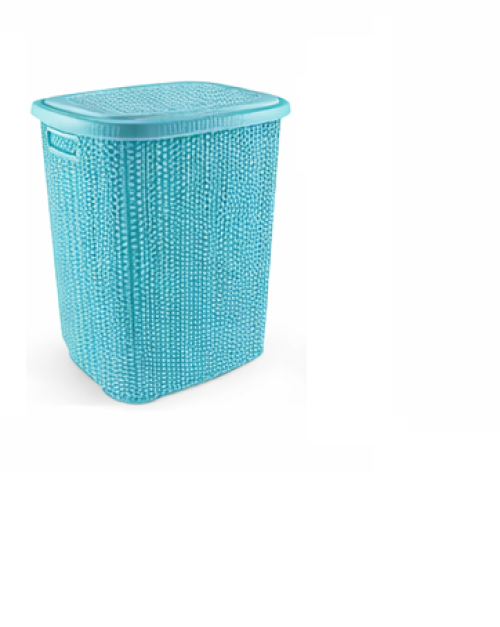 Kirli Çamaşır Sepeti Kapaklı 65 LT Örgü Desenli Plastik Çamaşır Sepeti Banyo Sepeti - Turkuaz - Görsel 2