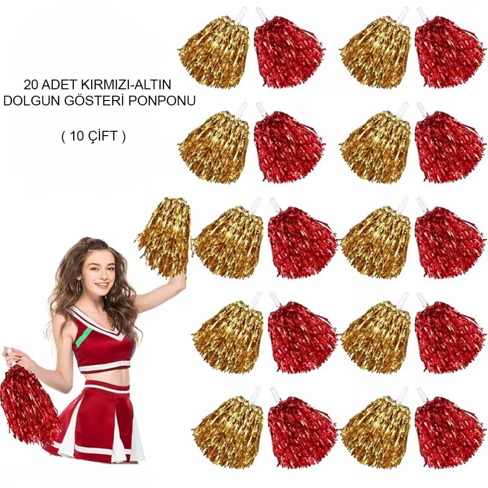 Kırmızı Altın Metalik Doun Gösteri Ponponu 20 Adet (10 Çift)