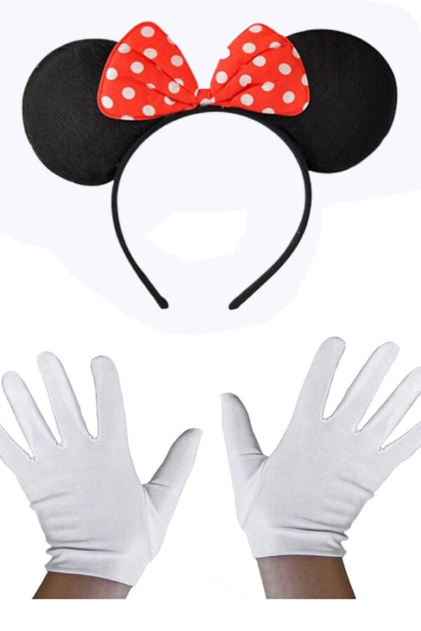 Kırmızı Fiyonklu Minnie Mouse Tacı ve Beyaz Eldiven Seti