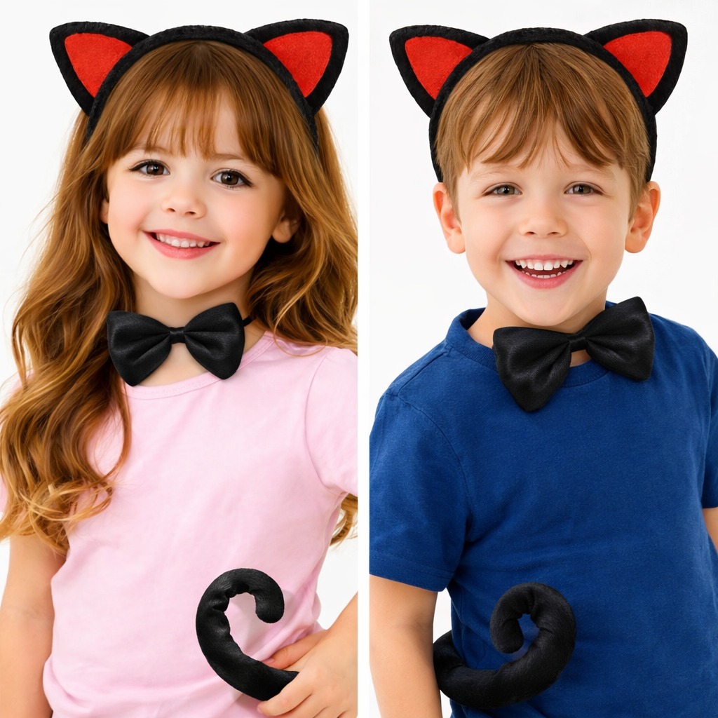 Kırmızı Kulaklı Kedi Kostüm Seti – Taç Papyon Kuyruk 3 Parça - Görsel 2
