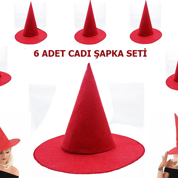 Kırmızı Renk Keçe Cadı sı Yetişkin Çuk Uyumlu 6 Adet