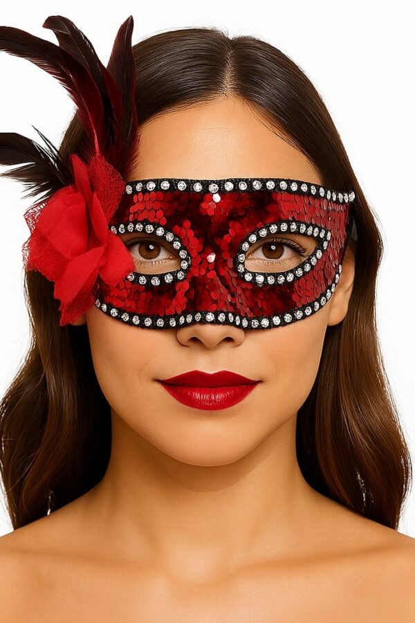 Kırmızı Renk Yandan lü lü  Taşlı Pullu Maske 20x22 cm