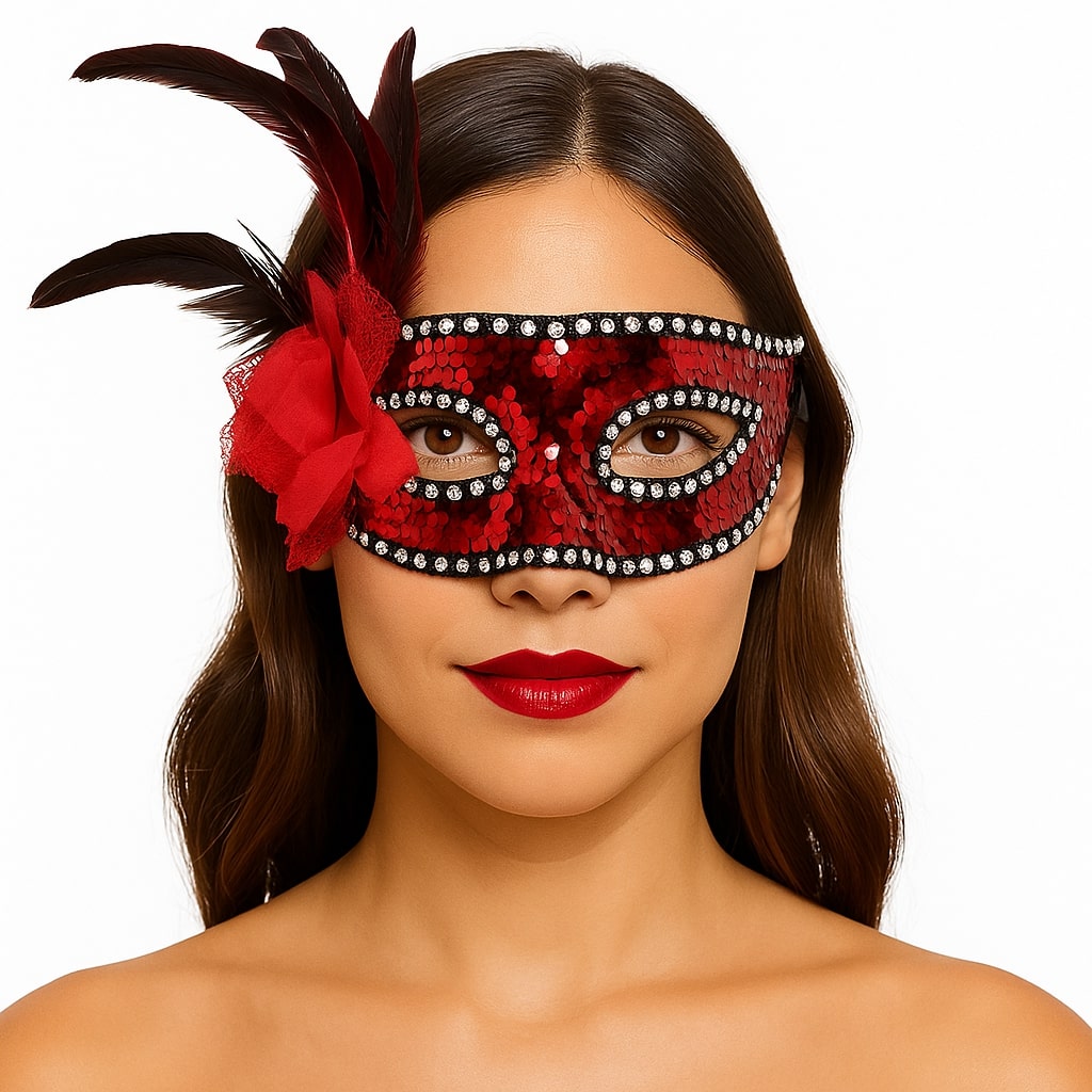 Kırmızı Renk Yandan lü lü Taşlı Pullu Maske 20x22 cm