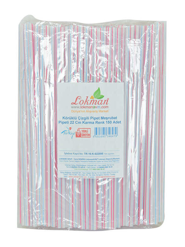 Körüklü Çizgili Pipet Ayran Kola Meşrubat Pipeti 22 Cm  Renk 150 Adet Paket
