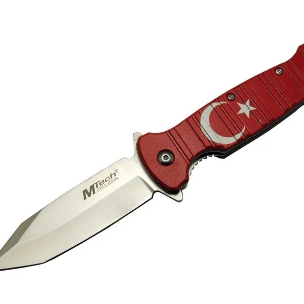 Mtech 4-8-4 TC Kırmızı Kamp Çakı 21,5cm- Manuel, Ay Yıldız Desenli, Kemerlikli