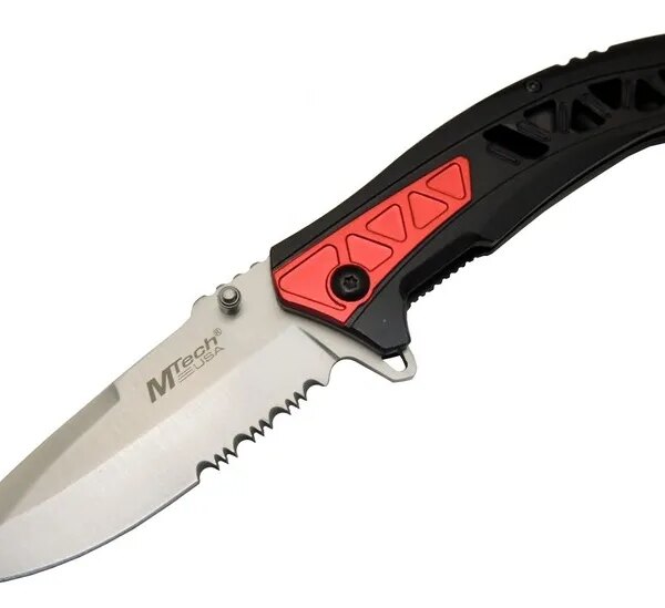 Mtech 4192 Kırmızı Kamp Çakı 21cm - Yarı Otomatik, Kemerlikli, Testere Detaylı, Desenli Sap