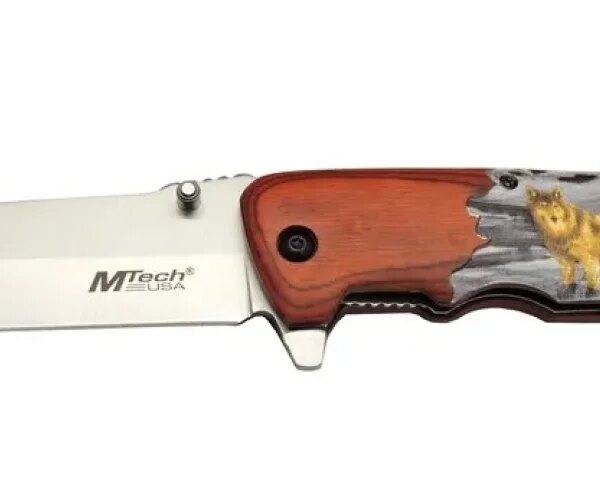 Mtech Y 12K rengi Kamp Çakı 21,5cm - Yarı Otomatik, Kemerlikli, Kurt Baskılı Ahşap Sap
