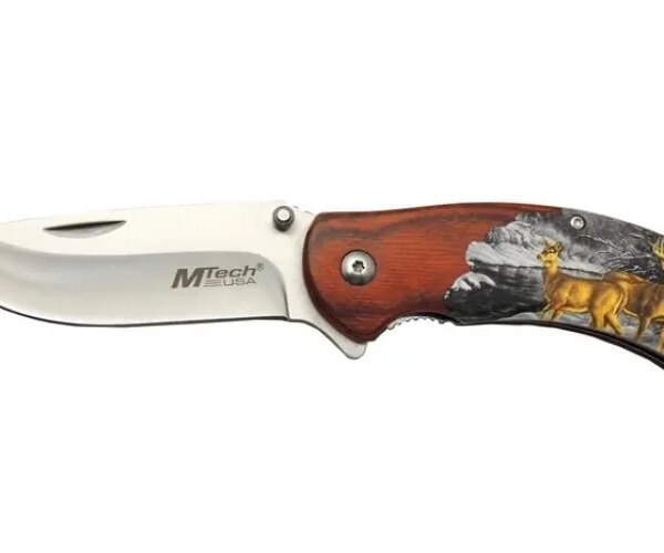 Mtech Y13 G rengi Kamp Çakı 20cm- Yarı Otomatik, Kemerlkli, Ahşap Geyik İşlemeli Sap